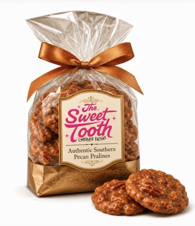 Cellophane gift bag of Southern pecan pralines tied with a copper ribbon — a Thanksgiving host gift from The Sweet Tooth