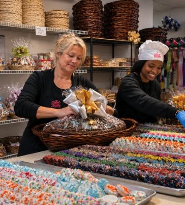 Two Sweet Tooth team members preparing gift baskets beside trays of colorful sprinkled chocolates
