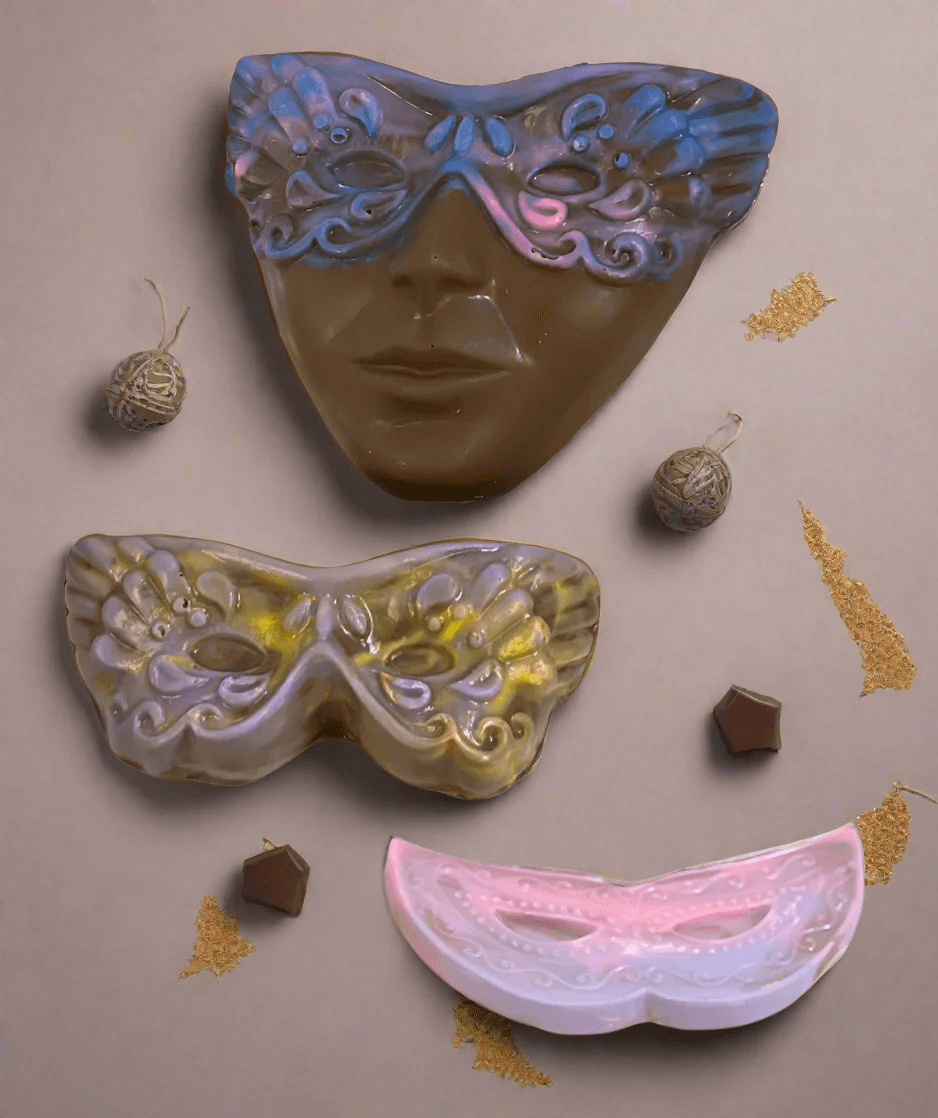 Chocolate Purim masks in assorted colors - handcrafted kosher mishloach manot treats from The Sweet Tooth