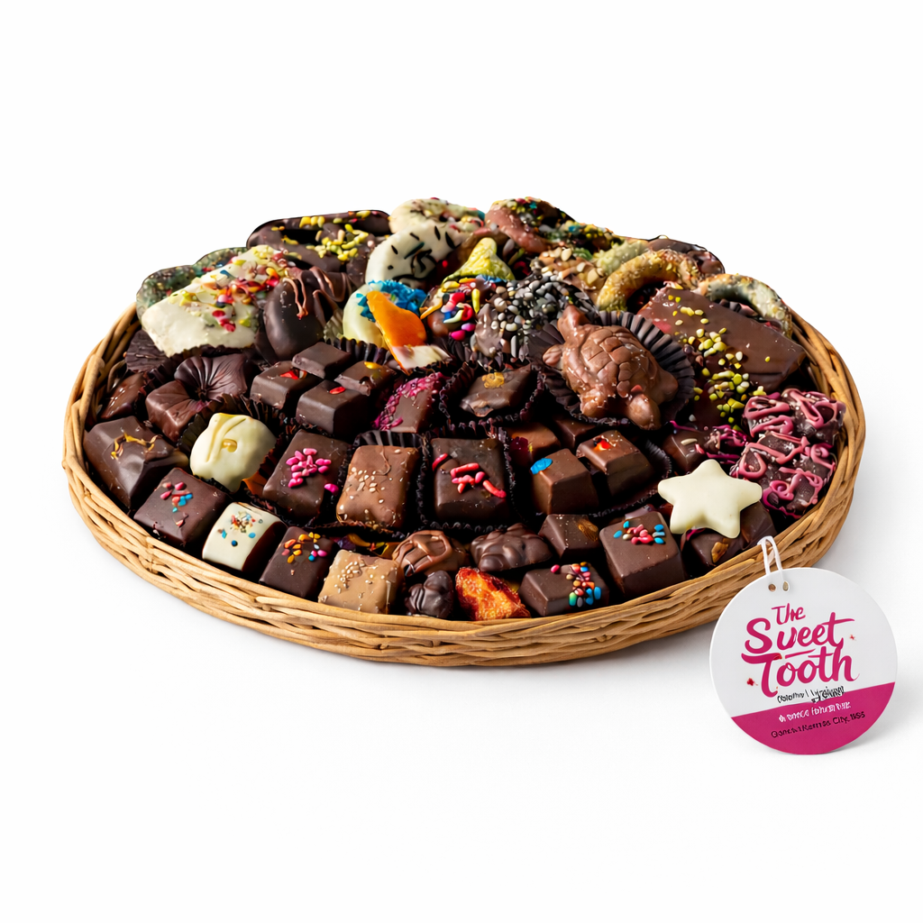 Kosher chocolate gift basket with assorted chocolates and treats, ready for same-day delivery in Miami from The Sweet Tooth