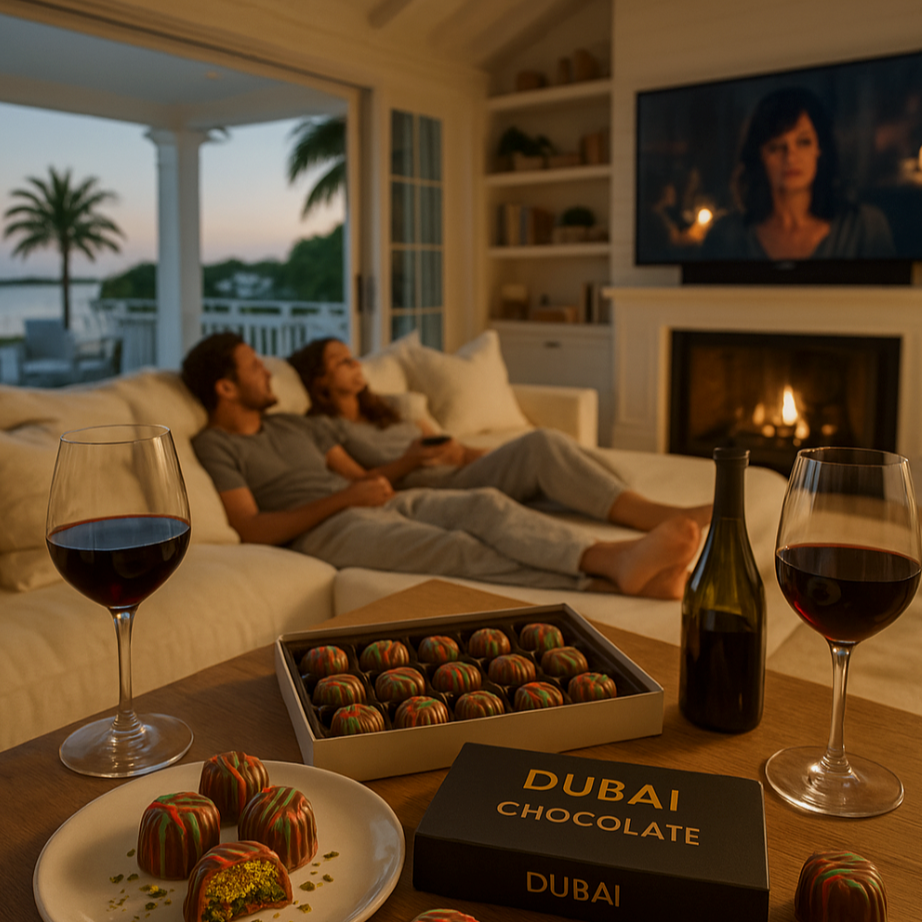 A couple relaxes on a cozy couch watching TV, enjoying red wine and Dubai chocolates in a luxurious beachfront home at sunset.