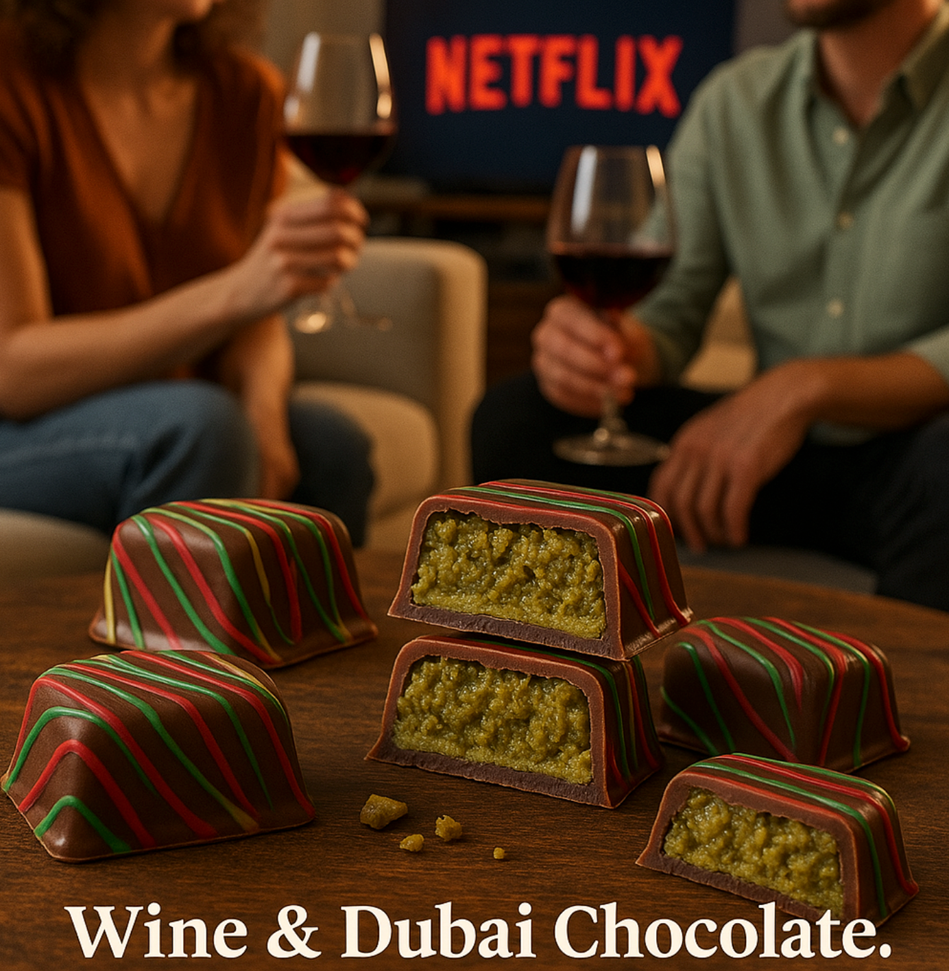 couple having wine & sweet tooth dubai chocolate bites