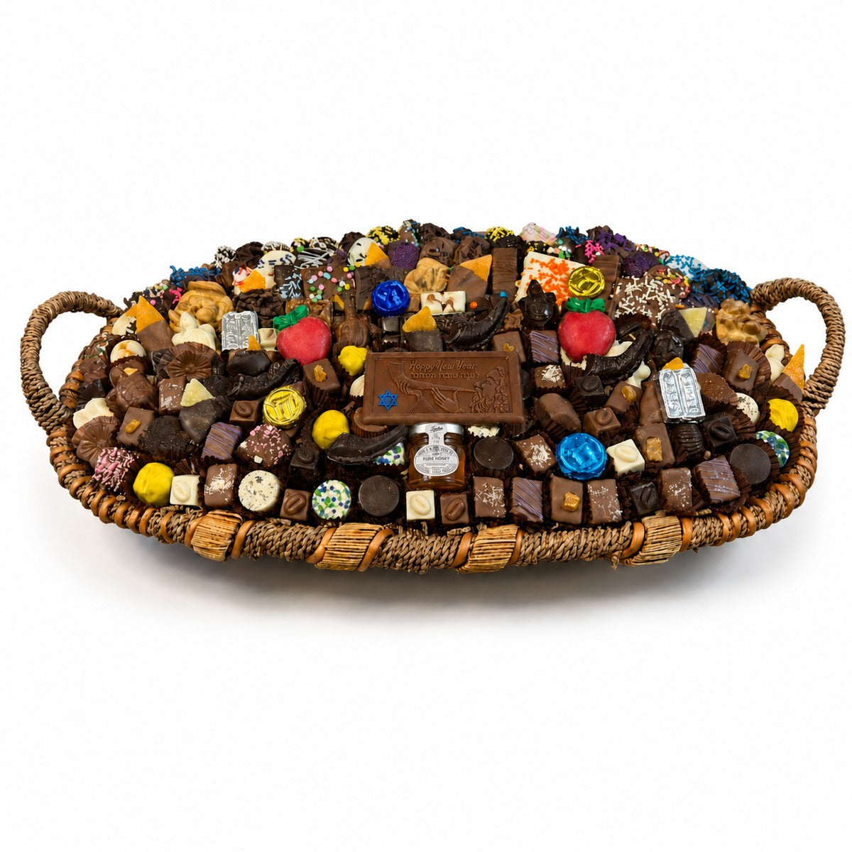 Jumbo kosher Rosh Hashanah chocolate gift basket with handles - Shana Tova chocolate bar, Tiptree honey, chocolate shofars, apples and gelt - The Sweet Tooth
