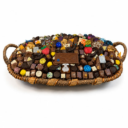 Jumbo kosher Rosh Hashanah chocolate gift basket with handles - Shana Tova chocolate bar, Tiptree honey, chocolate shofars, apples and gelt - The Sweet Tooth