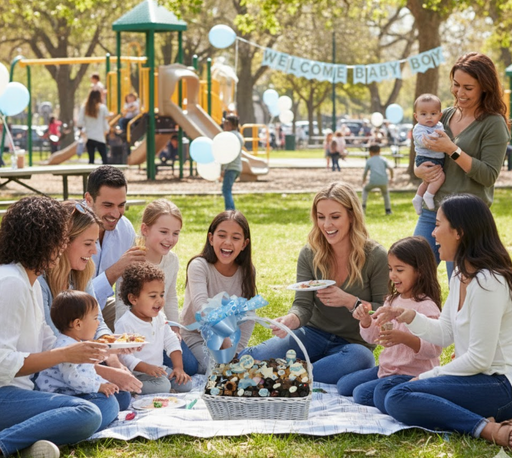 picnic with baby boy basket in the park 