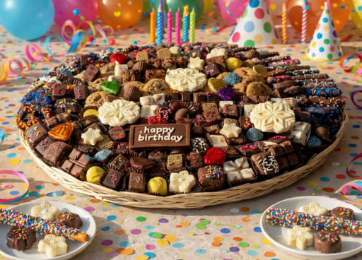 Assorted chocolate birthday treats with candles on a polka dot tablecloth.