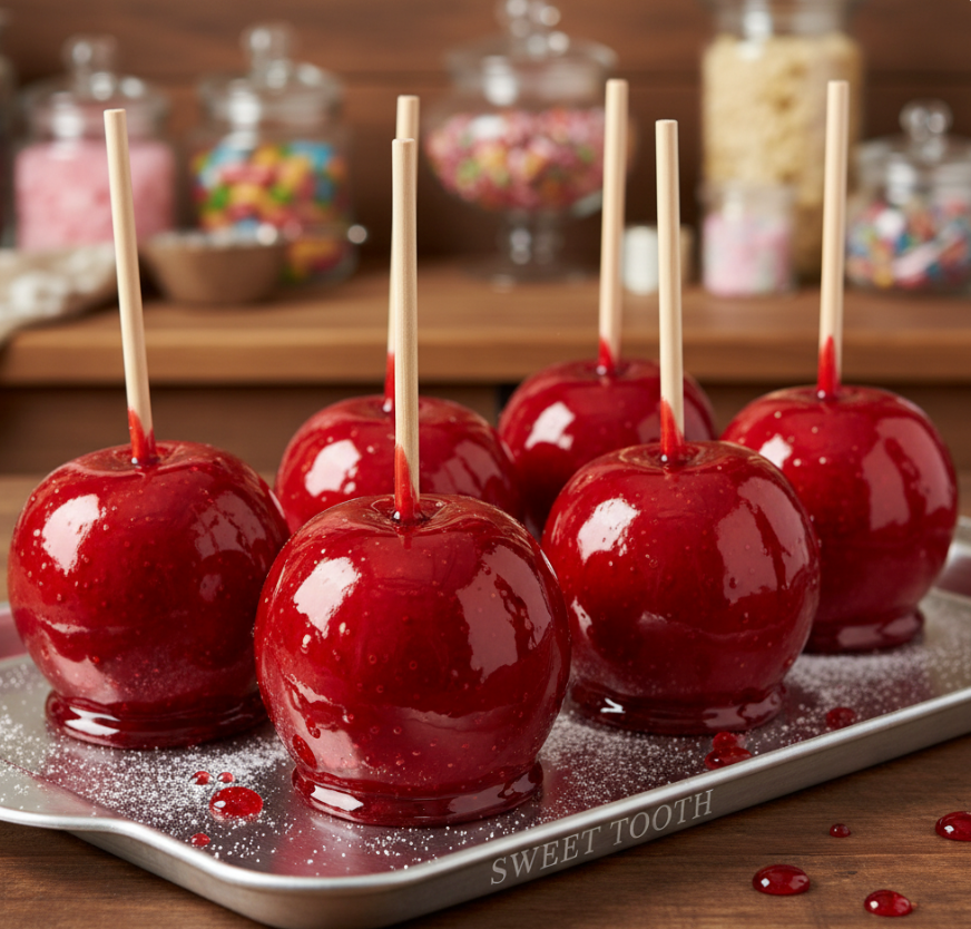 Glossy red candy apples on sticks with a 'Sweet Tooth' tray in the foreground.