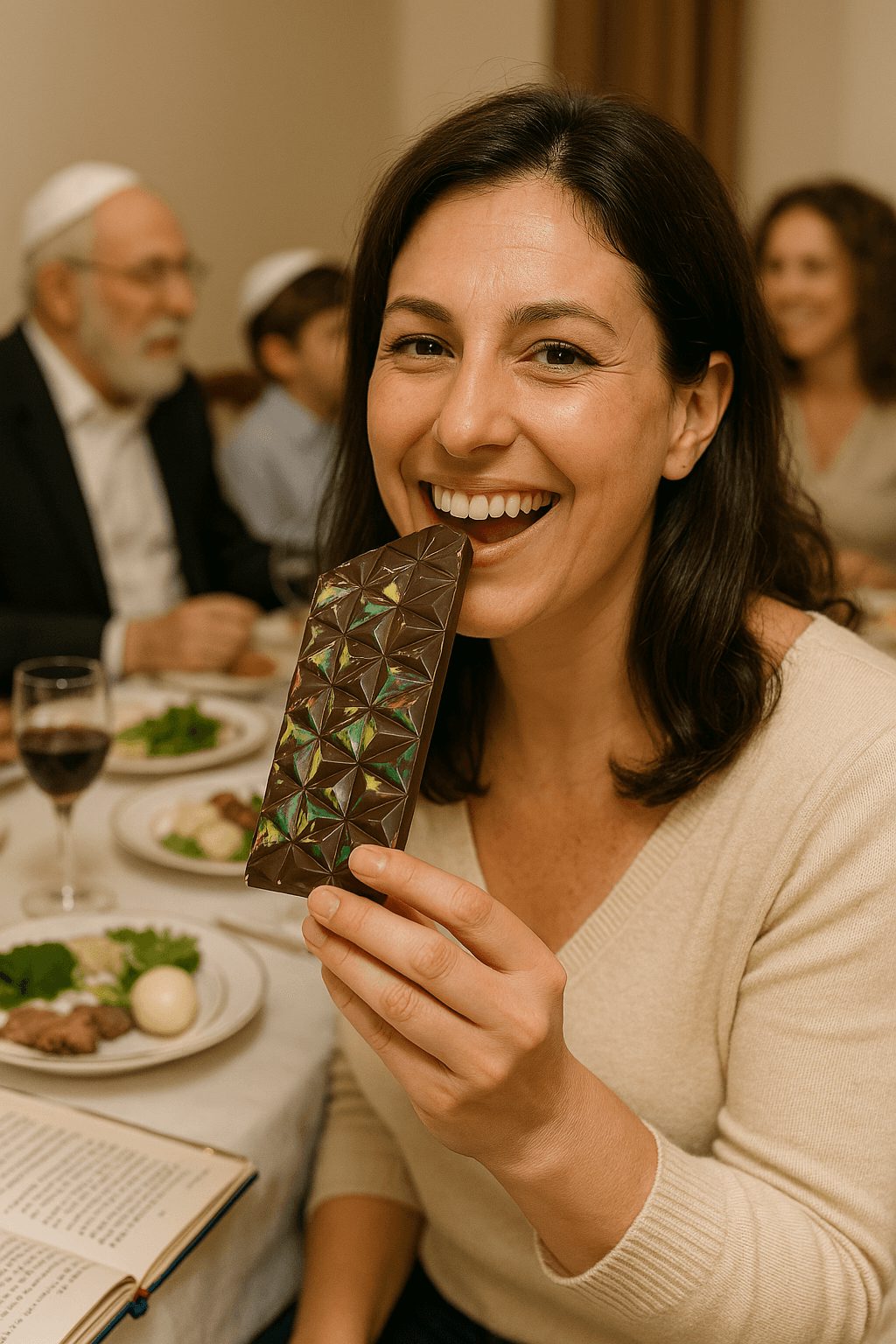 Woman enjoying a Passover Dubai Chocolate Bar at a festive Seder table, showcasing its appeal as a luxurious kosher dessert option.