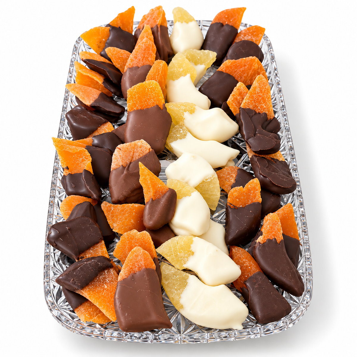 Chocolate dipped fruit sampler on a tray