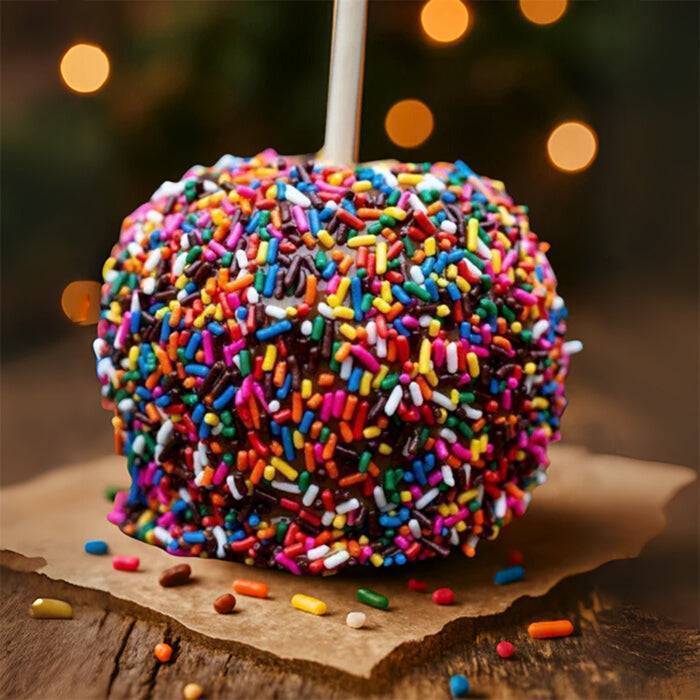 Candy apple covered in colorful sprinkles on a wooden surface with blurred lights in the background