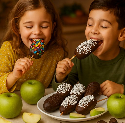 2 children eating kosher dipped apples in chocolate with sprinkles at a table.