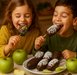 2 children eating kosher dipped apples in chocolate with sprinkles at a table.