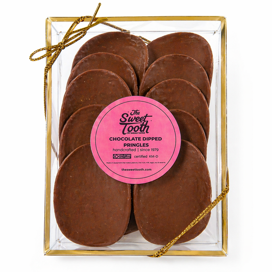 Chocolate covered Pringles 12-pack gift box handcrafted in North Miami Beach by The Sweet Tooth — Kosher Miami certified, vegan/parve dark chocolate option, same-day delivery in Miami, Aventura, Sunny Isles Beach.