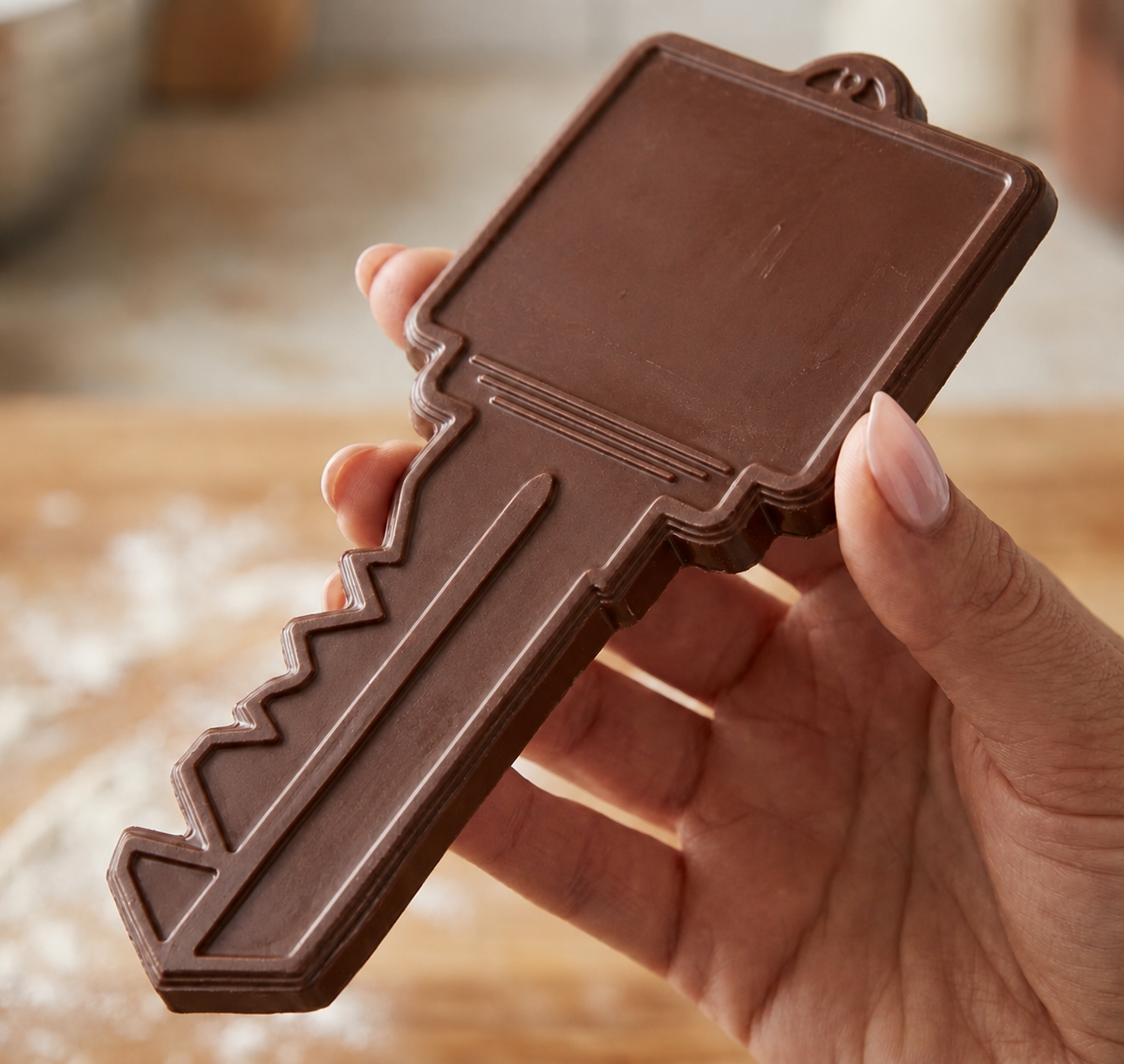Large chocolate house key for new home gifts, held in hand for scale