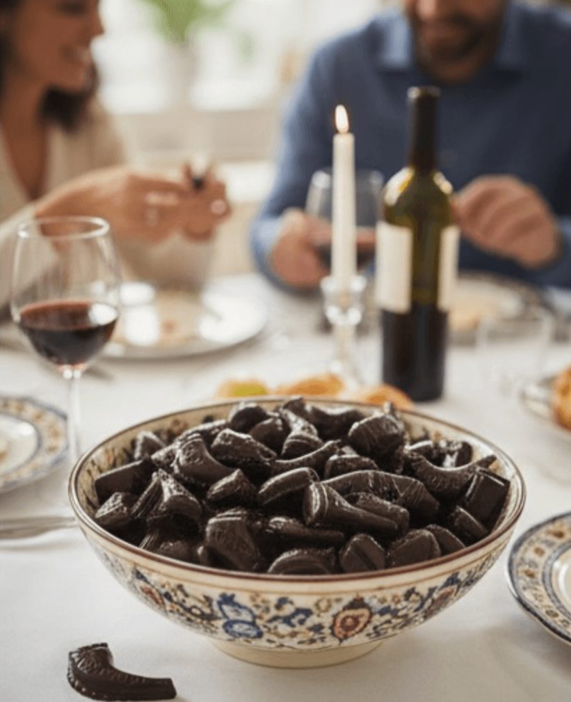 Bowl of chocolate shofars for Rosh Hashana  a table with people and wine in the background