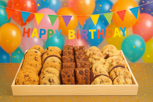 Assorted cookies in a box with colorful balloons and a 'Happy Birthday' banner in the background.
