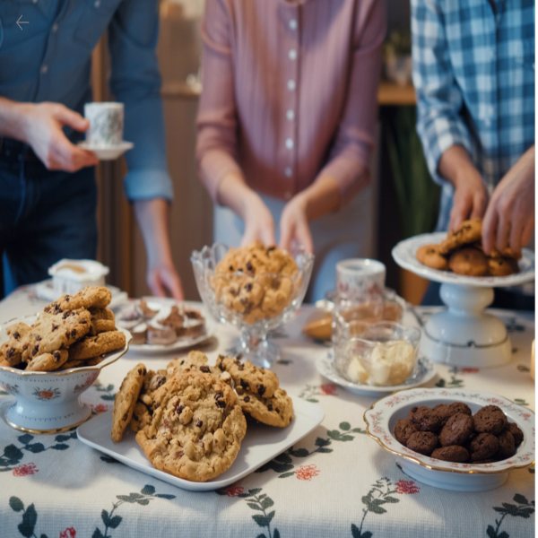 People around a table with plates of cookies and tea cups.