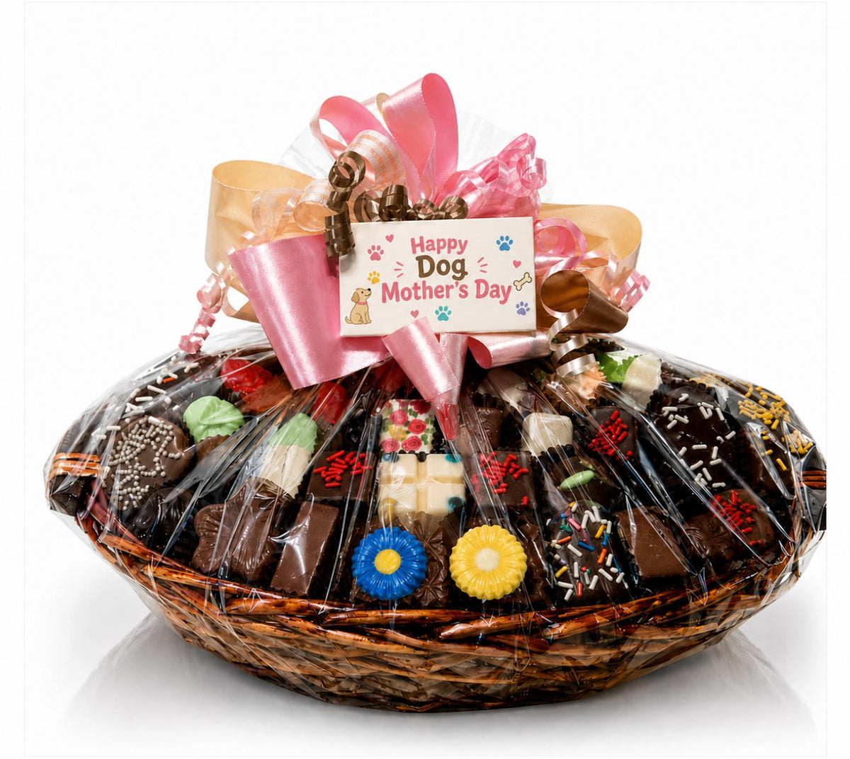 Dog Mother's Day Chocolate Basket — premium hand-crafted chocolate gift basket from The Sweet Tooth Miami, featuring a Happy Dog Mother's Day gift tag and pink ribbon