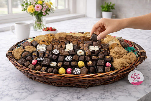 Beautiful basket of assorted chocolates with a hand reaching in, placed on a marble surface.