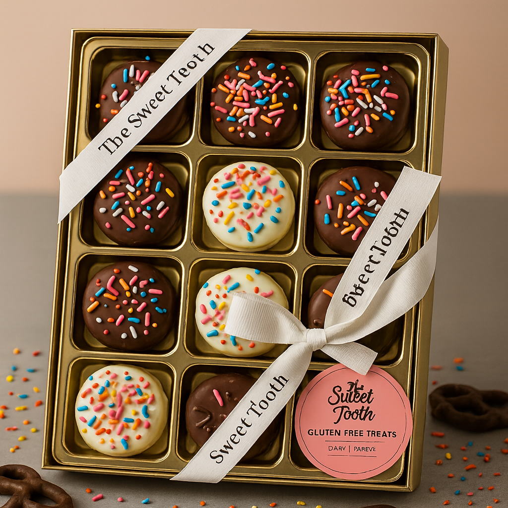 Box of gluten-free chocolate treats with sprinkles and a 'The Sweet Tooth' label.