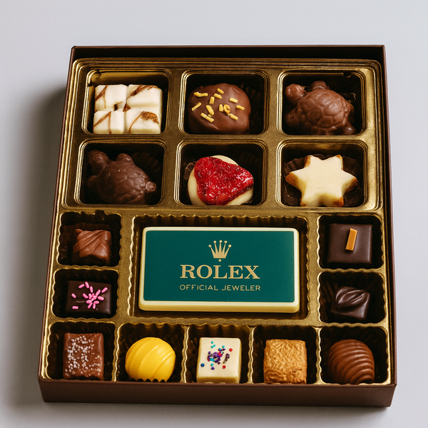 Box of assorted chocolates with a Rolex label on a light gray background
