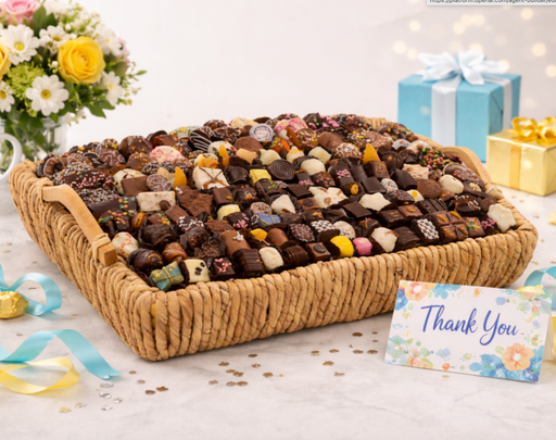 Basket of assorted chocolates with a 'Thank You' card on a decorative table.