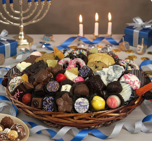 Assorted chocolates in a basket with Hanukkah decorations including a menorah and candles.