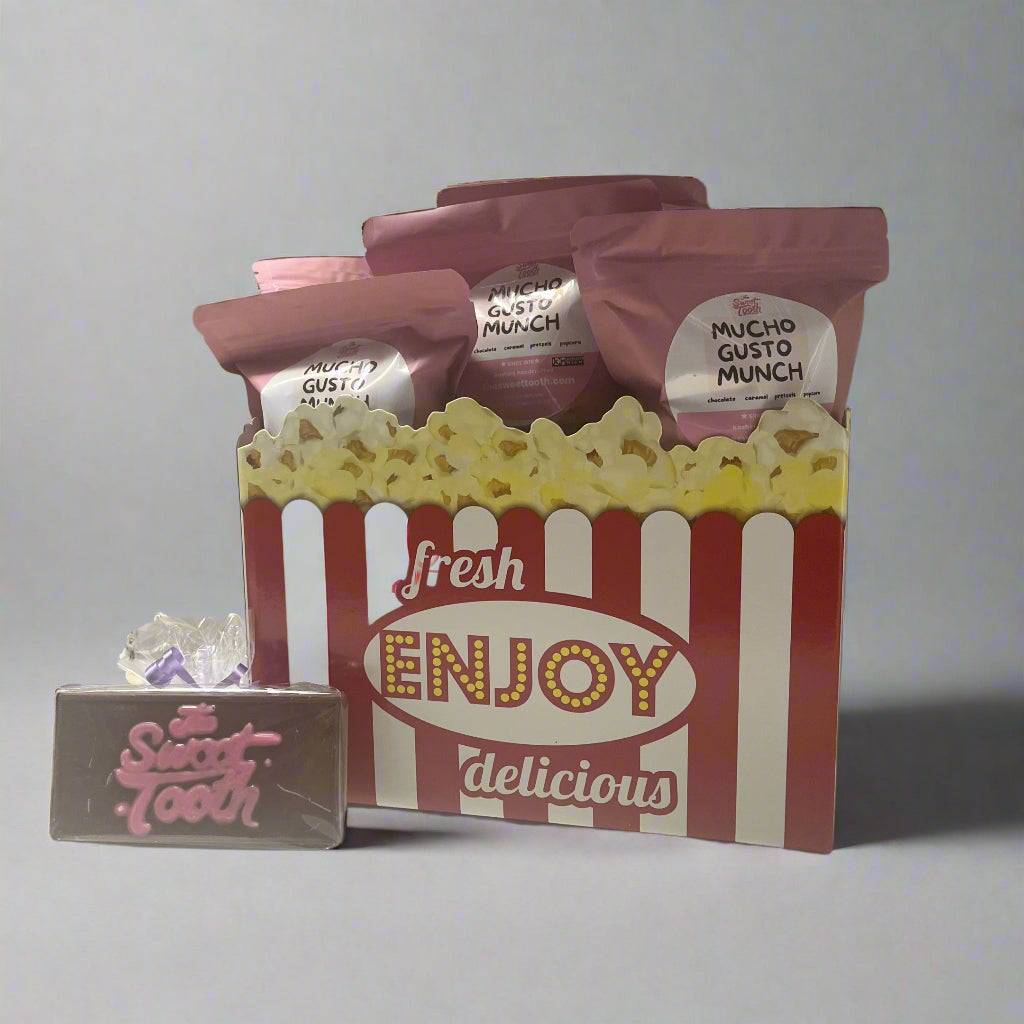 Dad's Snack Attack Box Father's Day Gift featuring Mucho Gusto Munch snacks in a popcorn-themed box with a Sweet Tooth chocolate bar. Perfect food gift basket for Father's Day.