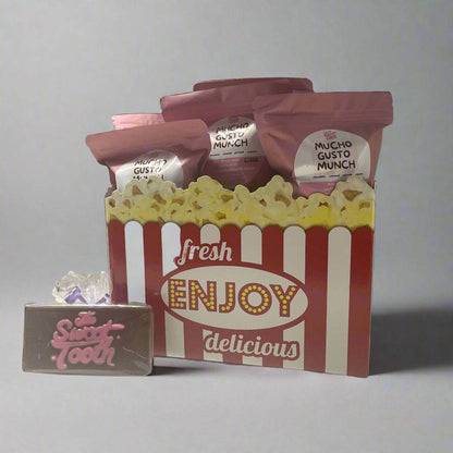 Dad's Snack Attack Box Father's Day Gift featuring Mucho Gusto Munch snacks in a popcorn-themed box with a Sweet Tooth chocolate bar. Perfect food gift basket for Father's Day.