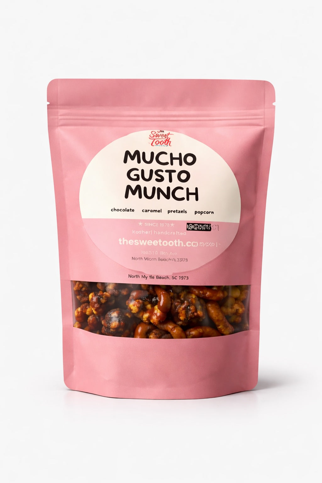Pink package of 'Mucho Gusto Munch' with visible contents on a white background