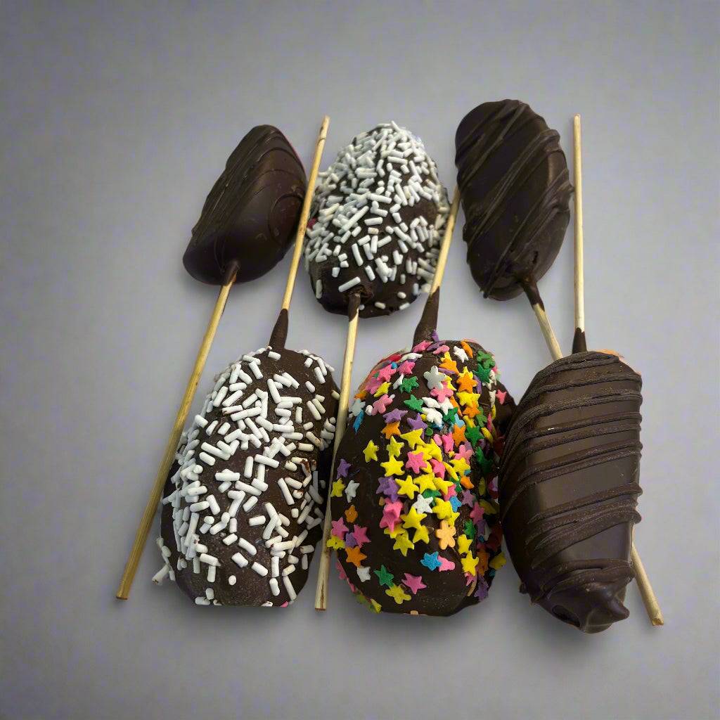 Assorted Chocolate Dipped Passover Apple Sticks with parve chocolate coating, white sprinkles, star confetti, and chocolate drizzle on wooden sticks.