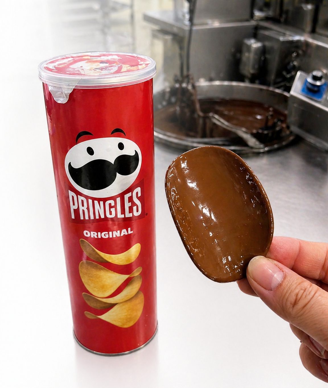 Pringles can with a chocolate cookie on a kitchen counter