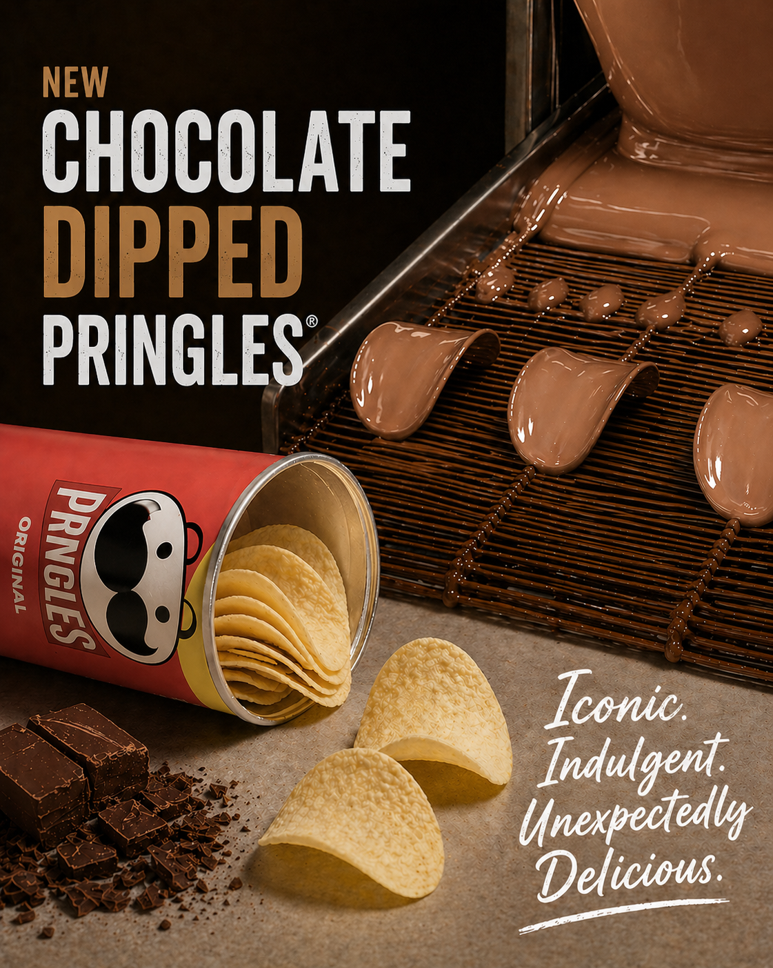 Chocolate-dipped Pringles with a can and chips on a rustic surface.
