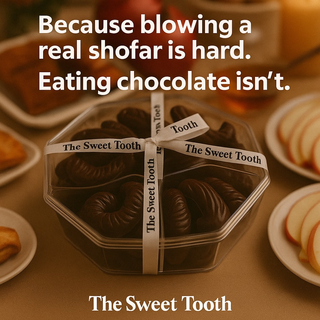 Rosh Hashanah 2025 Featured Collection at The Sweet Tooth—luxury kosher chocolates with apples, honey, and pomegranate motifs. KM certified with parve, dairy, and gluten-free options
