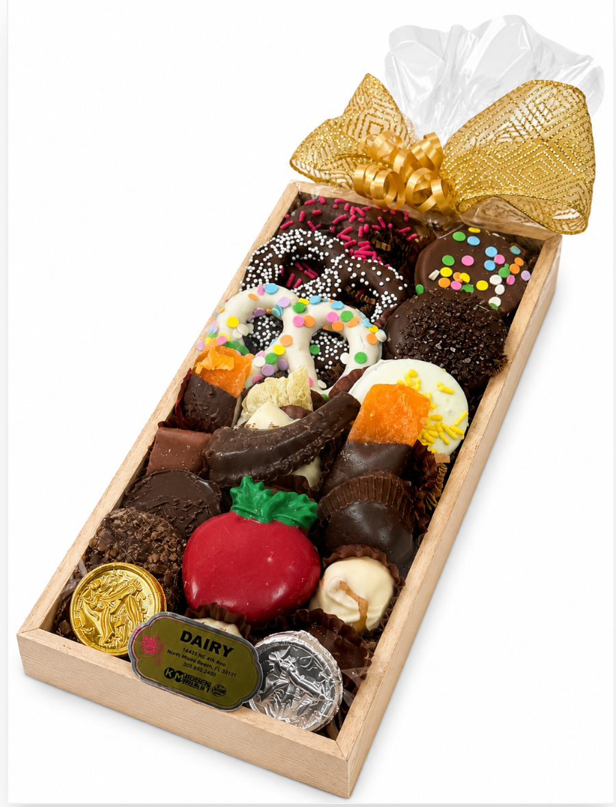 Chocolate Wood Tray for Rosh Hashana with handmade chocolate and truffles and shofar for Rosh Hashana