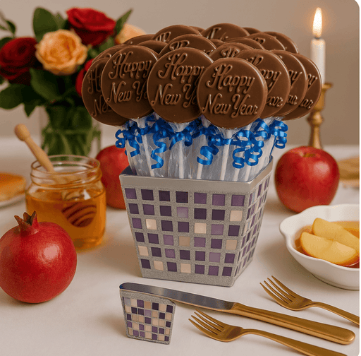 Silver mosaic gift box filled with about 18 chocolate lollipops embossed with 'Happy New Year,' each wrapped in clear cello with blue ribbon curls. The box is set on an elegant Rosh Hashanah holiday table with apples, pomegranates, honey jar, gold cutlery, roses, and a lit candle in the background.