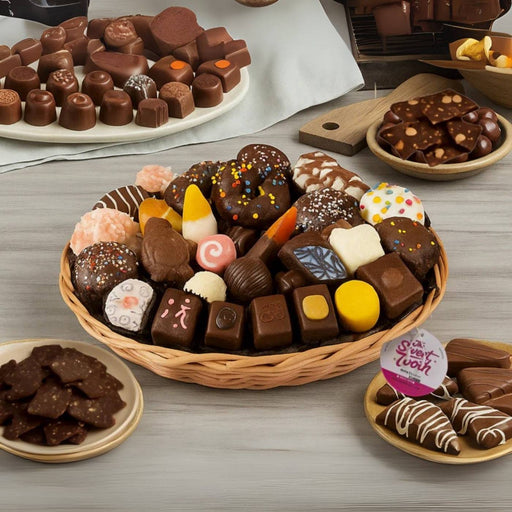 Small Round Gift Basket - 10 Inch Gourmet Gift Basket filled with 27 assorted handcrafted chocolate and candy treats, ideal for gifting.