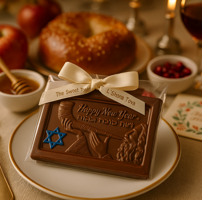 Rosh Hashanah Chocolate Bar – “Happy New Year” with Rabbi and Shofar (Parve or Dairy)