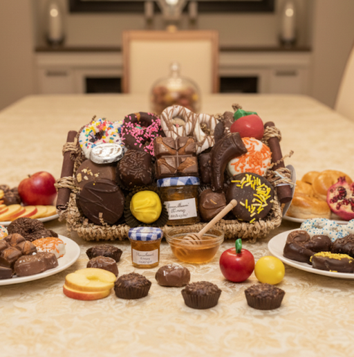 Assorted chocolate truffles and confections on a table with a blurred kitchen background