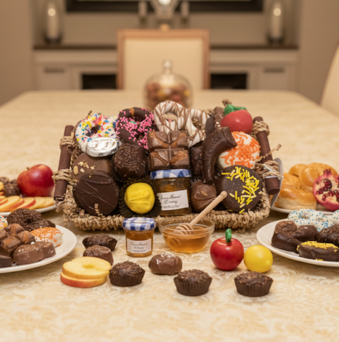 Assorted chocolate truffles and confections on a table with a blurred kitchen background