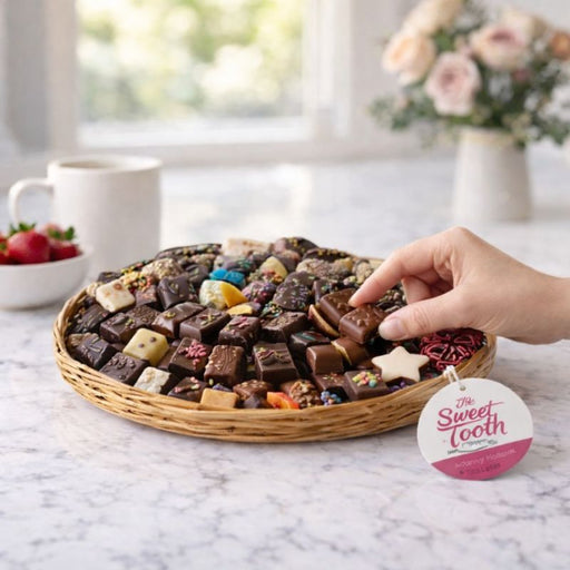 Assorted chocolate pieces on a platter with a hand reaching for one, set against a blurred indoor background.