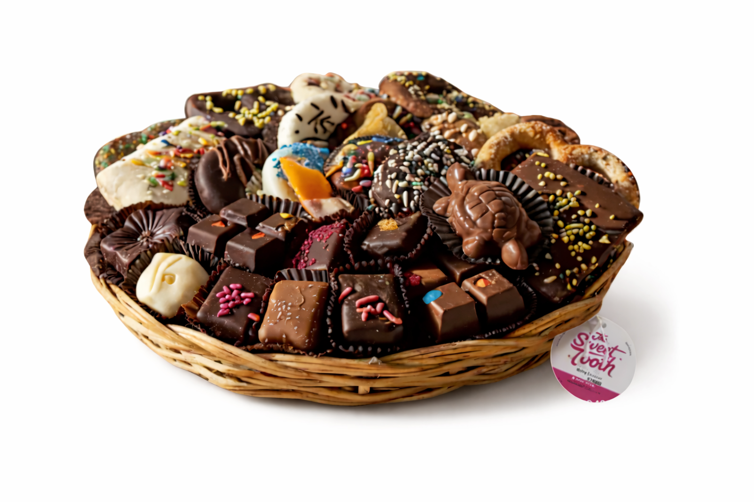 Basket of assorted chocolates on a white background