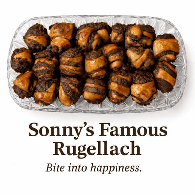 Tray of parve kosher chocolate rugellach with 'Sonny's Famous Rugellach' text on a white background