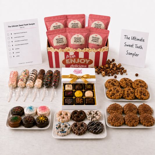A tooth sampler gift set arranged on a white surface, featuring pink pouches of Mucho Chocolate Mochi, a red-and-white popcorn bucket labeled Fresh Enjoy, assorted chocolate-covered pops, donuts, cookies, and a box of chocolates. Two handwritten cards are visible, one reading 'The Ultimate Sweet Tooth Sampler.