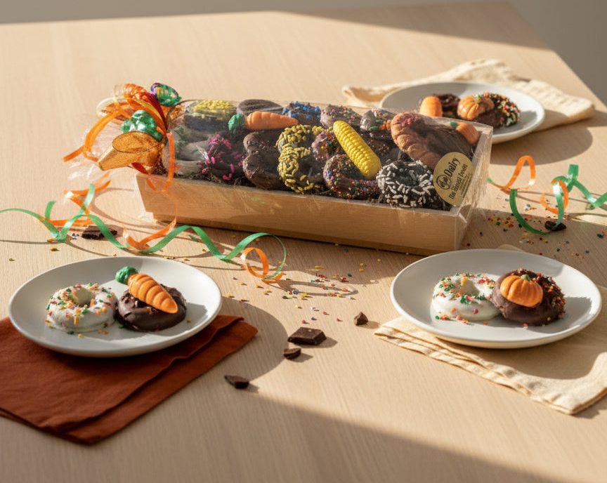 Assorted Halloween-themed donuts in a box with decorative ribbons on a table.