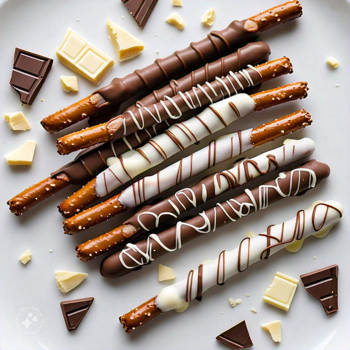 Assorted Pretzel Rods Dipped in Chocolate with white and dark chocolate drizzle, arranged on a plate with chocolate chunks.