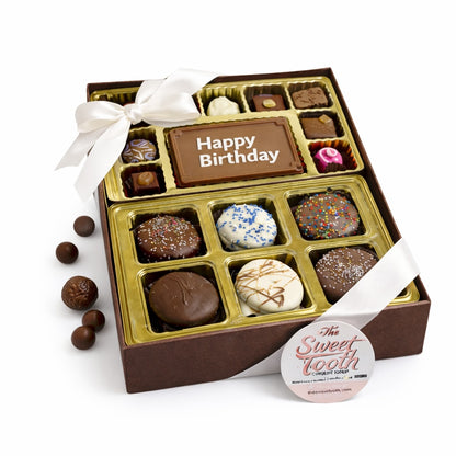 Assorted chocolate gift box with happy birthday plaque and ribbon, handcrafted selection, The Sweet Tooth North Miami Beach + since 1979