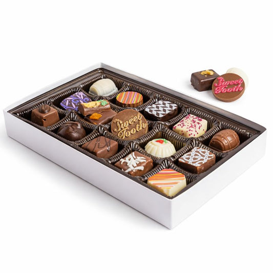Assorted chocolates in gift box with logo plaque, handcrafted assortment, The Sweet Tooth North Miami Beach since 1979