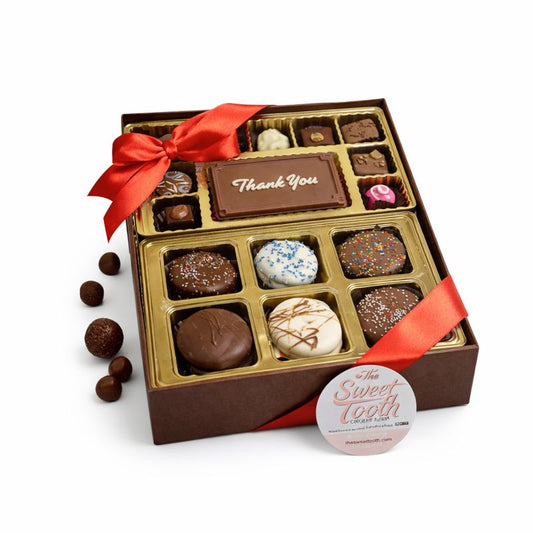 Assorted chocolate gift box with thank you plaque and ribbon, handcrafted selection, The Sweet Tooth North Miami Beach since 1979