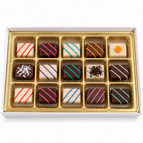Signature Truffle Collection Variety Pack: 15 striped and topped truffles in a gold tray